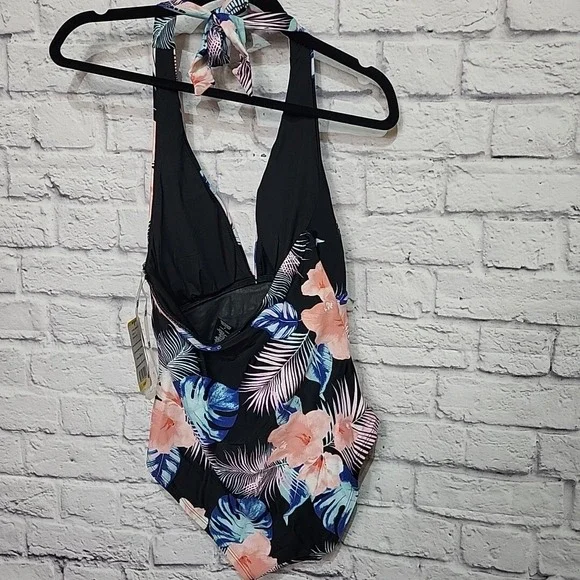 DKNY Women's Medium One Piece Tummy Control Bathing Suit Black Floral  UPF NWT‎ - Picture 3 of 7